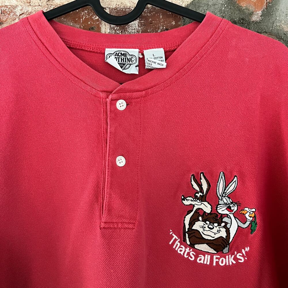 VTG Loony Tunes That's All Folks Acme Clothing Henley Shirt L 23x27 Bugs Taz